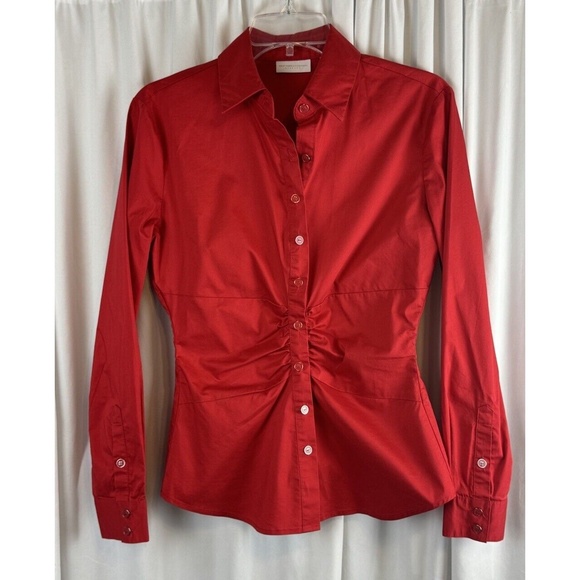 New York & Co Ruched Stretch Shirt Red S Academia Preppy Colorful Career 62-34 - Picture 16 of 16